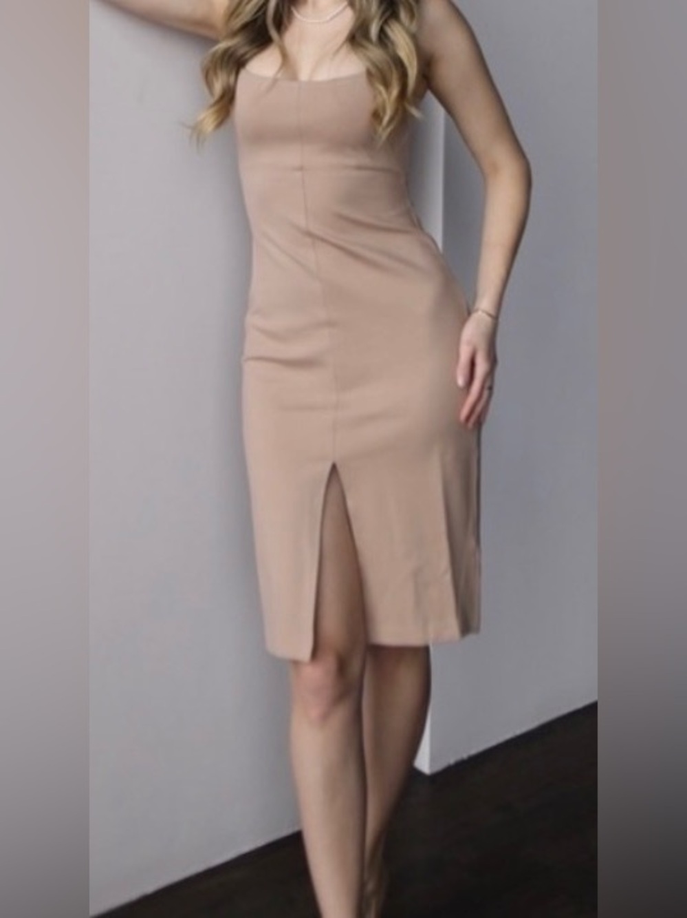 Babaton Nude Midi Sheath Dress with Front Slit